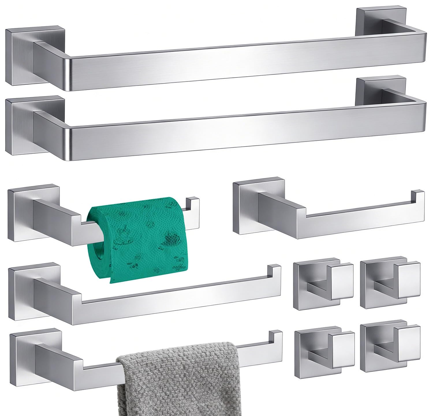 Photo 1 of 10-Pieces Bathroom Hardware Set Brushed Nickel Bathroom Accessories Set SUS304 Towel Bar Set Includes 2 Towel Bar 16 Inch+2 Towel Holder+2 Toilet Paper Holder+4 Towel Hooks(10, Brushed Nickel)