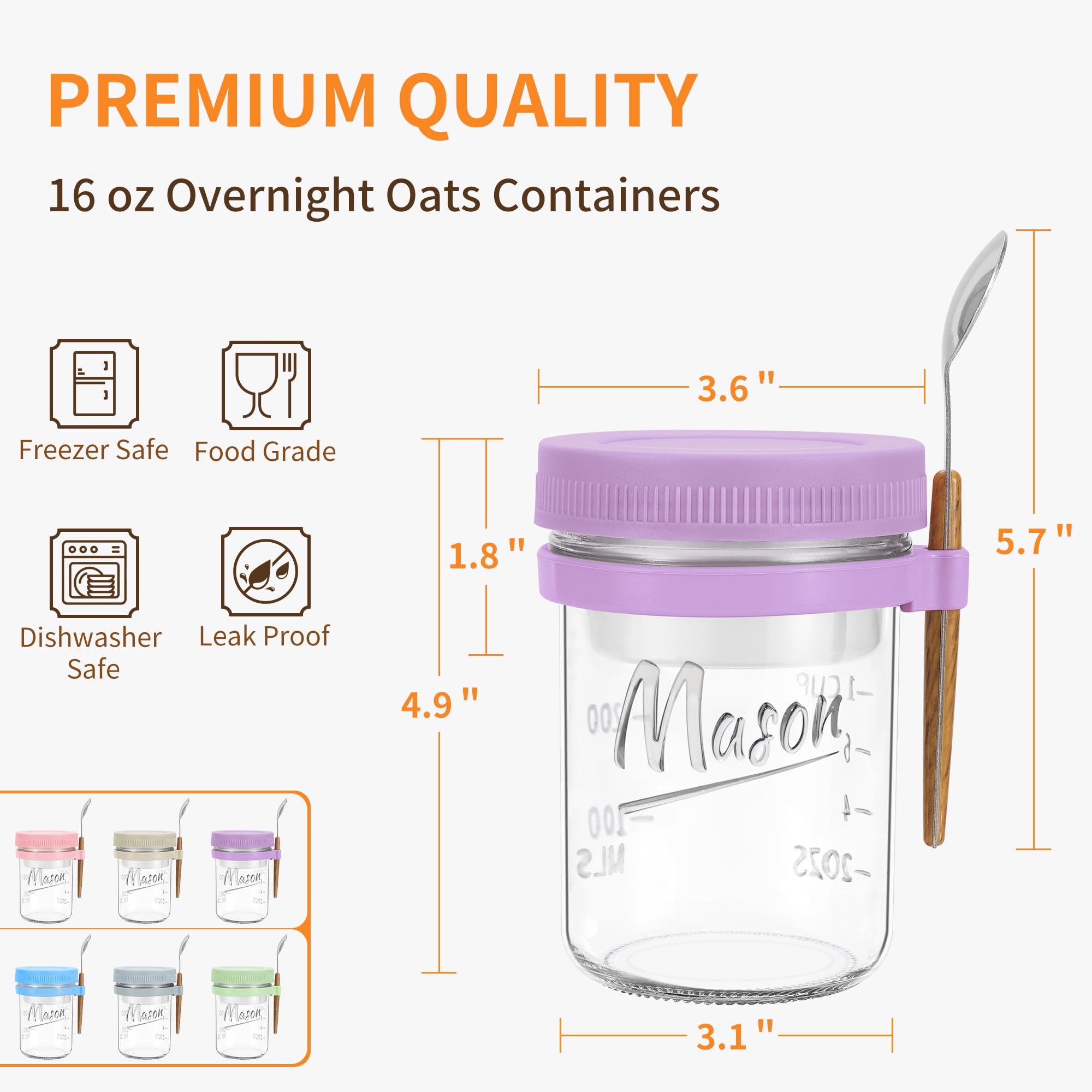 Xyptorix 6 Pack Overnight Oats Containers with Lids and Spoons, 16 oz Mason Jars with Removable Separate Compartments, Airtight and Leak-Proof Glass Jars for Chia Pudding, Yogurt, and Oatmeal