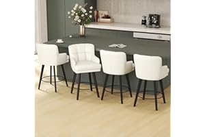 SAECKBERG 360°Swivel Counter Height Bar Stools with Back, 26 inch Solid Wood Legs, Bar Stool Modern Kitchen Island Chairs, Faux Leather (Antique White- Faux Leather, 26" H- Set of 4)