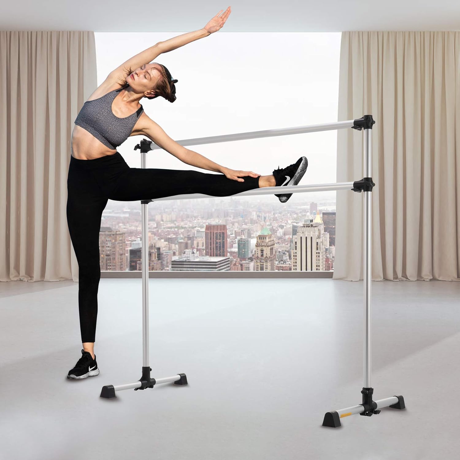ZELUS 5ft Portable Ballet Barre for Home Gym | Freestanding Dance Exercise Equipment for Home Workouts Fitness Flexibility Training with Stretch Band and Tote (Silver) : Sports & Outdoors