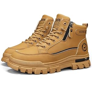 HSGMXGIXS Men's Leather Platform Combat Boots Fashion Round Toe Side Zipper Chunky Lug Sole High Top Ankle Booties
