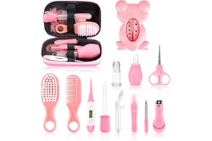 UHFI Baby Grooming and Healthcare Kit, Infant Safety Care Set with Hair Brush Comb Nail Clipper Nasal Aspirator,Baby Essentials Kit for Newborn Girls Boys (13 in 1, Pink)