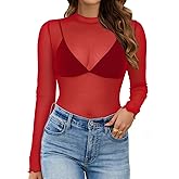 Elesomo Women Sheer Top Mesh Long Sleeve Shirts Mock Neck Fall Spring Blouses