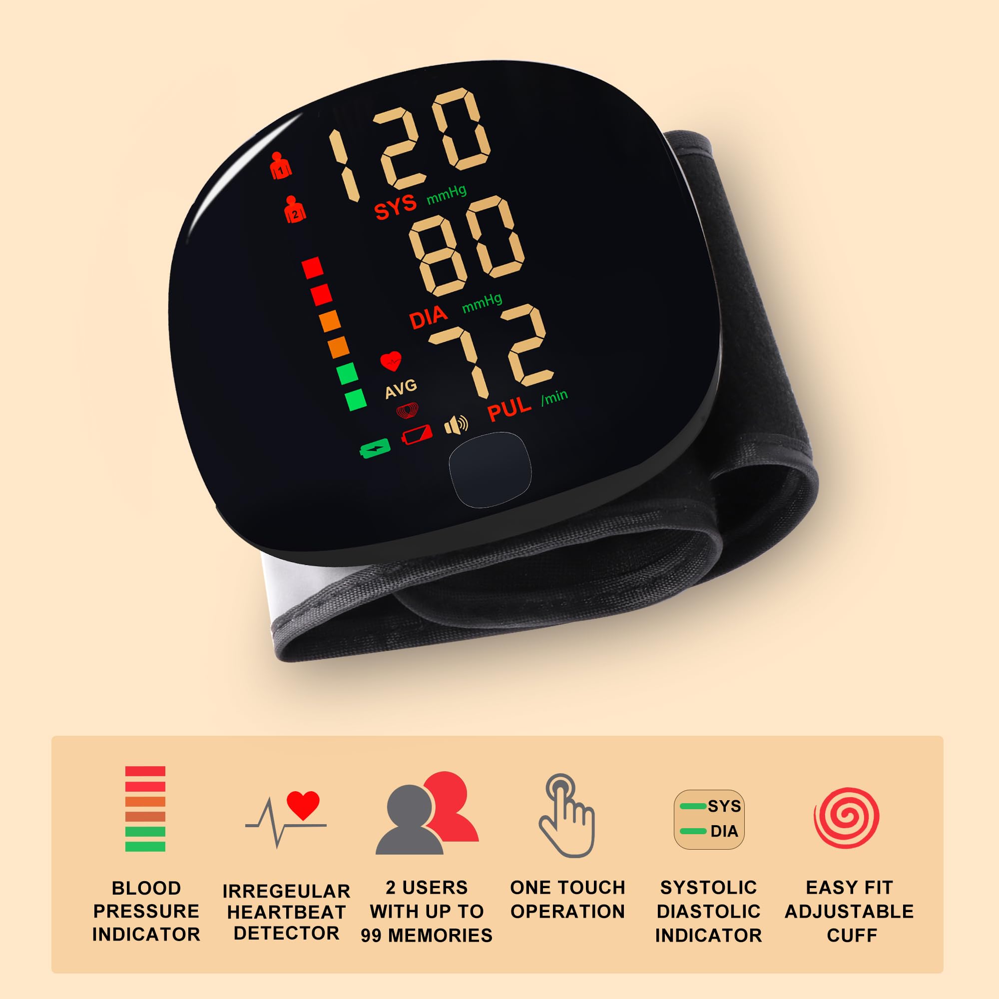 Rechargeable Wrist Blood Pressure Monitor with Voice Broadcast, Dual User Blood Pressure Cuff Wrist with USB-C Charging Cable, 2X 99 Memories & Carry Case