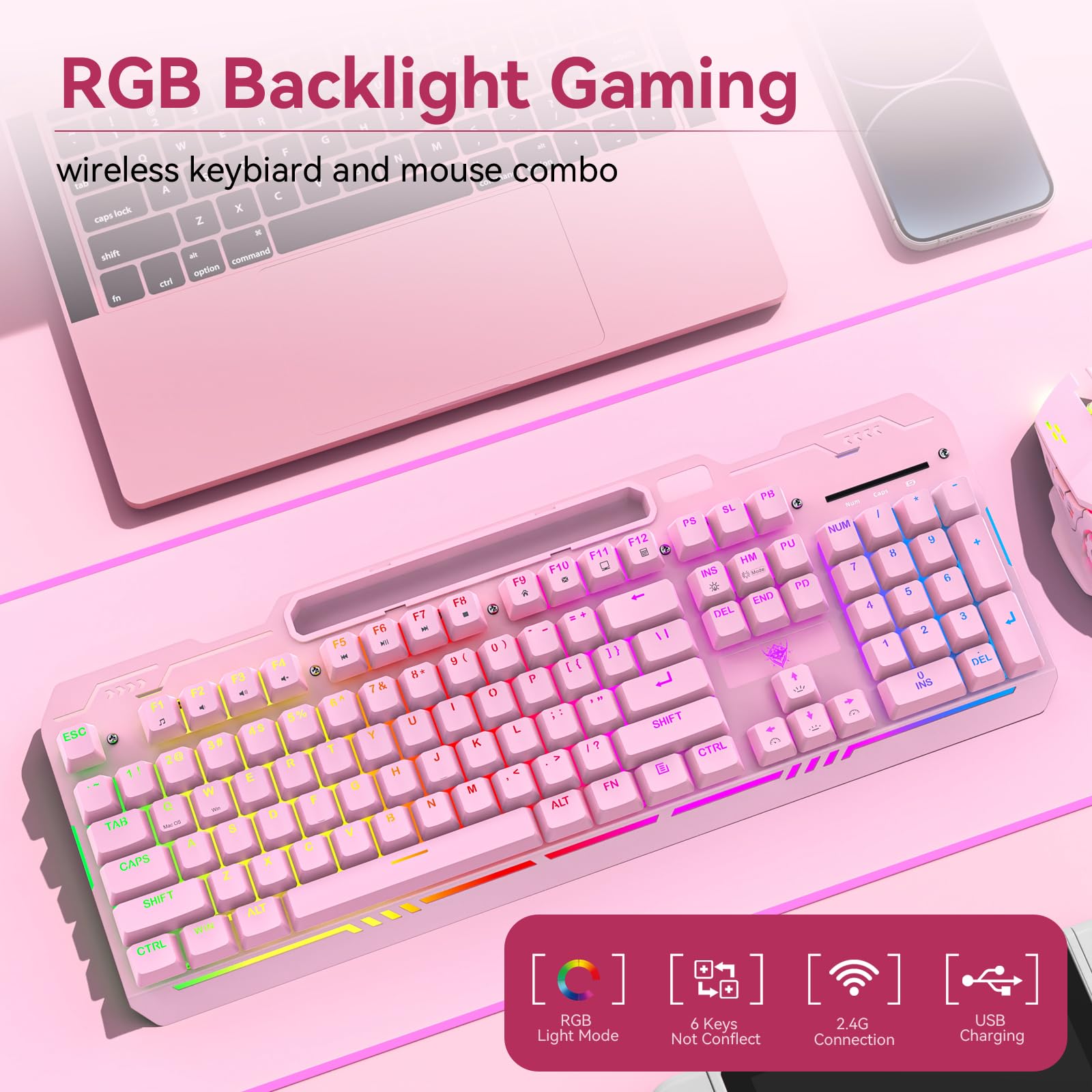 XISOGUU Wireless Gaming Keyboard and Mouse Combo, RGB Backlit Rechargeable 2000 mAh Battery, Mechanical Feel Anti-ghosting Keyboard + 6D 4800DPI Mice for PC Gamer