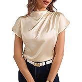 winkbay Women's Mock Neck Satin Blouse Dolman Short Sleeve Ruched Elegant Shirts
