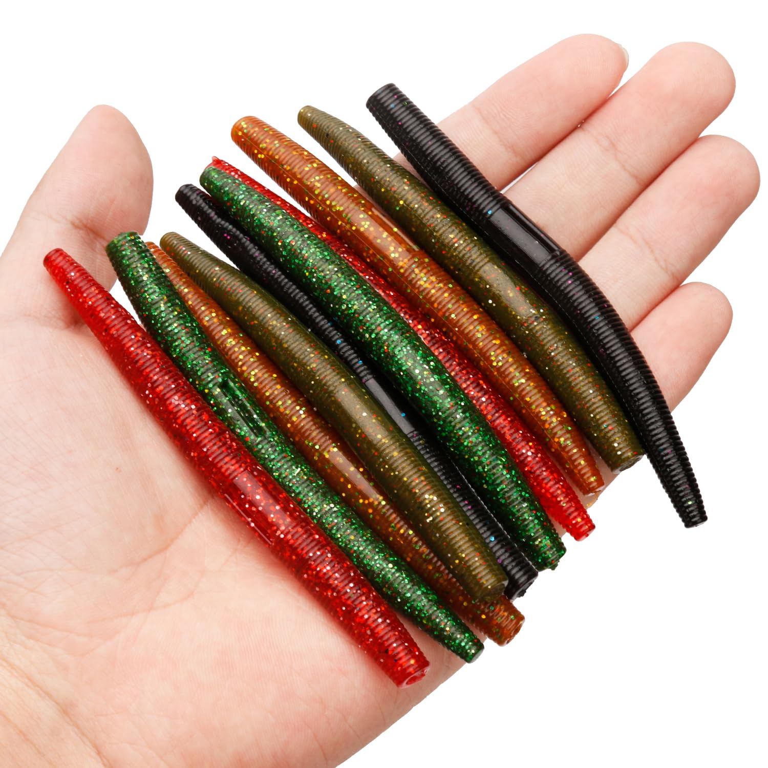 30pcs Wacky Worm Soft Stick Baits, 3.94in Rubber Lures - 5 Colors, Bass & Freshwater/Saltwater Fishing