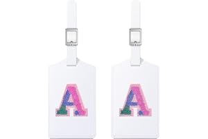 Sodsay 2 PCS Initial Luggage Tag, Luggage Tags for Suitcases Cute Sequin Letter PU Leather Travel Bag Baggage Tags Privacy Cover ID Label for Women Kids Teens Men(A, White Leather+Colorful Letter)