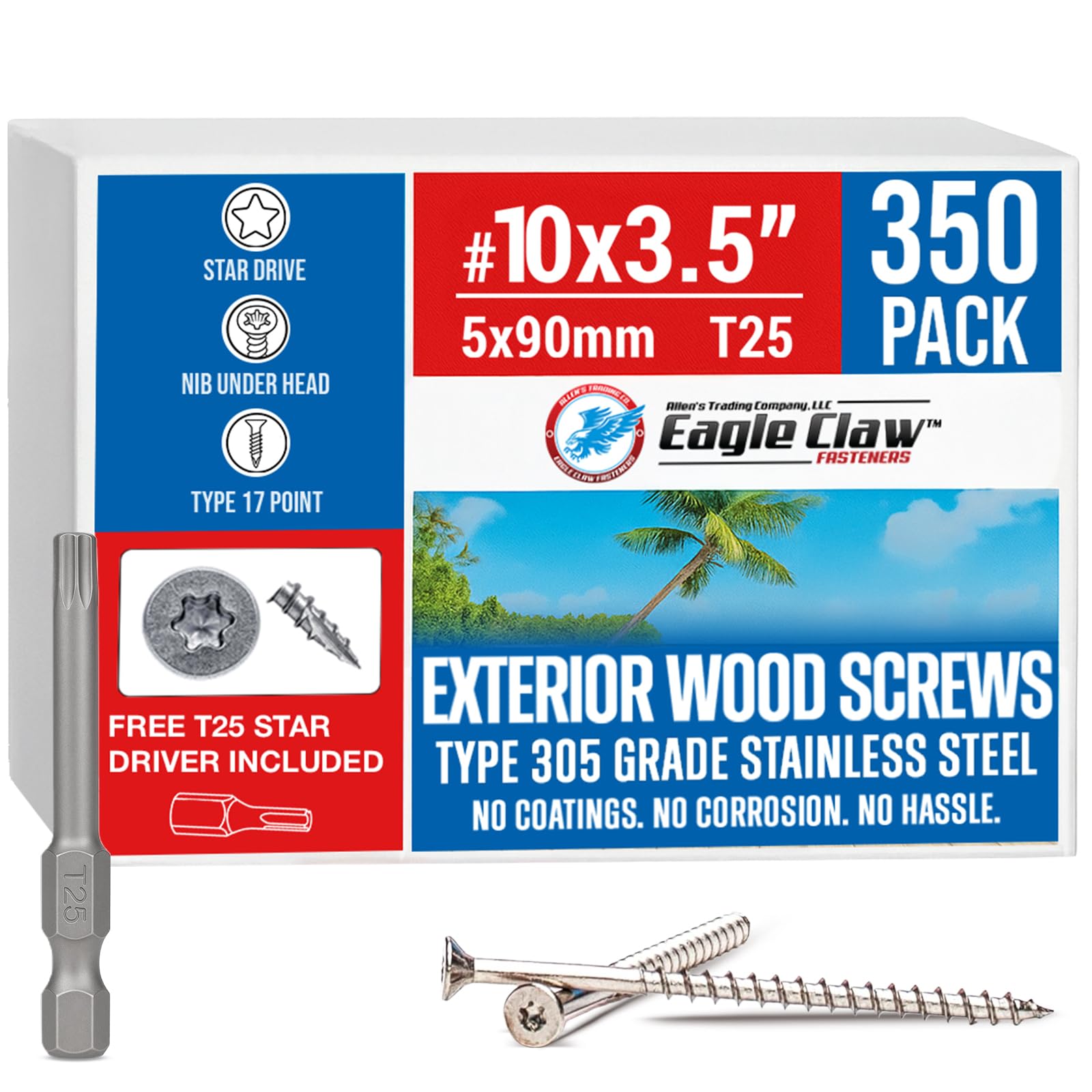 #10 x 3 1/2 Inch Stainless Steel Deck Screws | 305 Grade (350 Pack) | Flat Head T25 Star Torx Drive | Stainless Steel Screws by Eagle Claw Fasteners | Corrosion & Rust Resistant (Includes Driver Bit)