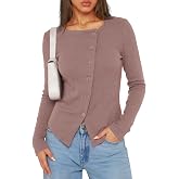 Cicy Bell Women's Long Sleeve Asymmetrical Ribbed Tops Button Down Shirts | Cropped，Split Hem Design,Soft Stretchy Fabric, Fall Winter, Going Out Outfits