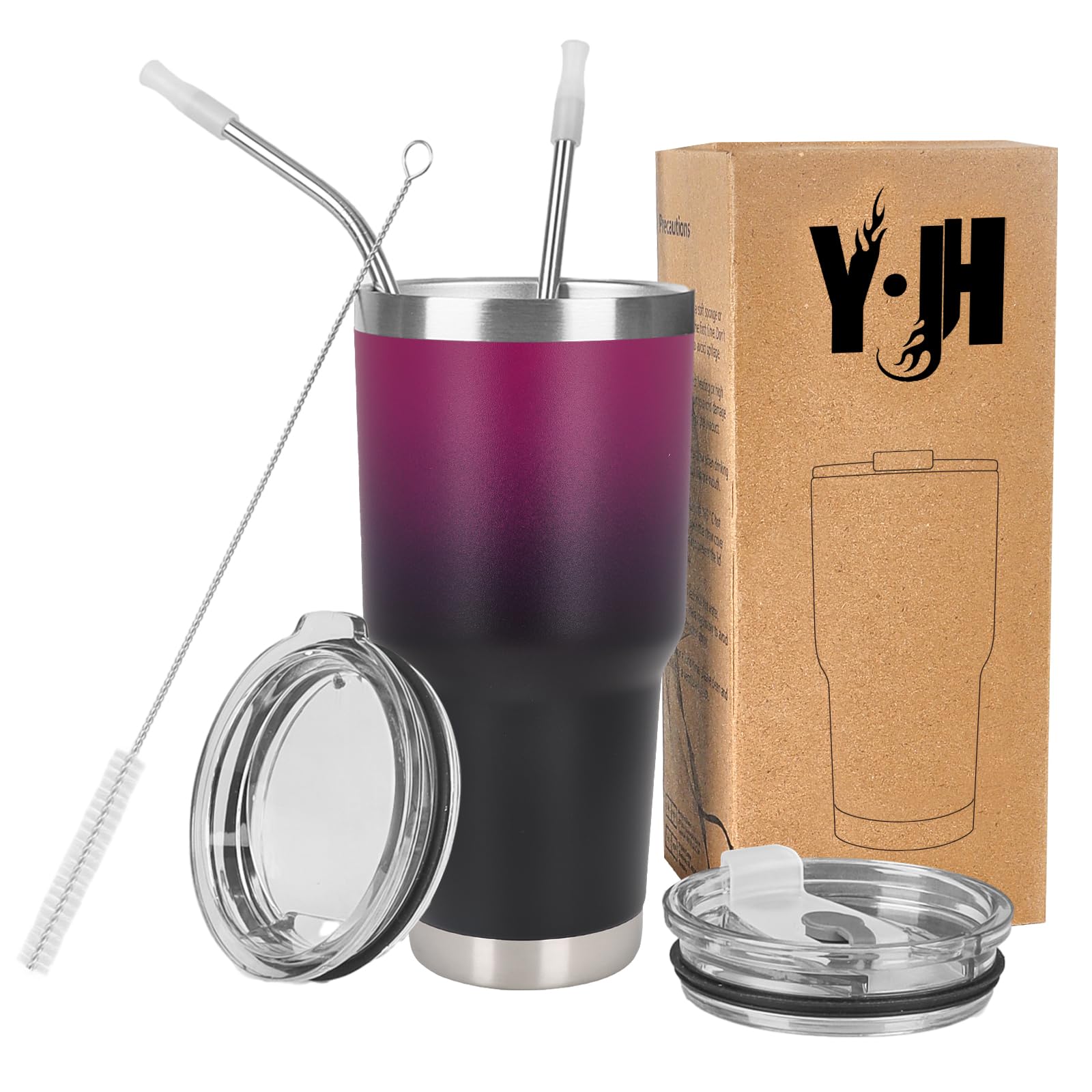 Y·J&H 30oz (850ml) Travel Tumbler Double Wall Vacuum Insulated Coffee Mug Stainless Steel Coffee Cup with 2 Splash Proof Lid, 2 Straws & Free Cleaning Brush, BPA Free - Purple&Black