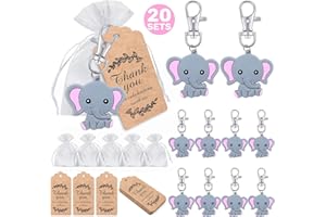 MOVINPE 20 Sets Baby Shower Return Favors for Guests, Pink Baby Elephant Keychains + Organza Bags + Thank You Kraft Tags for 