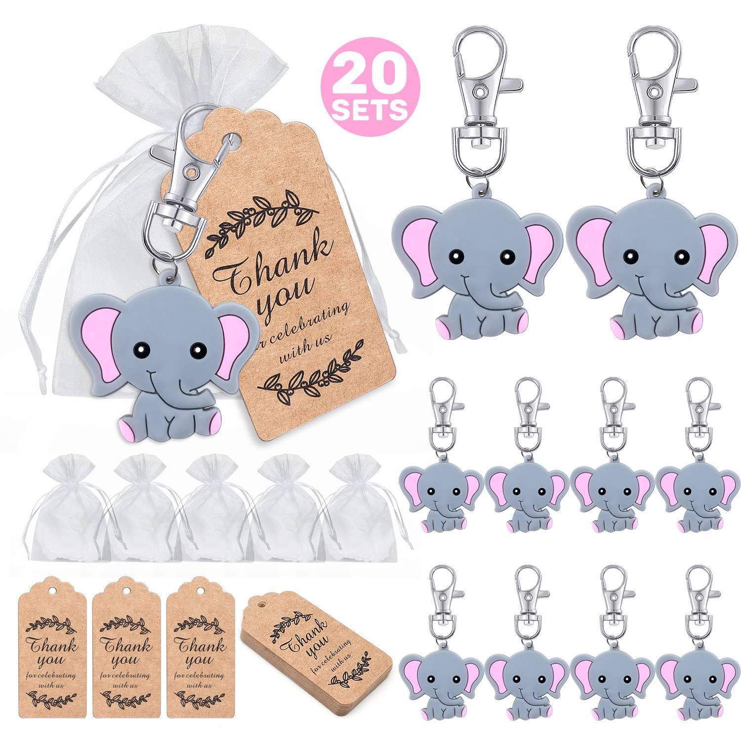 iZoeL 20 Sets Baby Shower for Guest Gift, Pink Baby Elephant Keychains 20 Organza Bags 20 Thank You Tags, Ideas Presents Party Favors Boy Girl Kid Birthday Party Supply