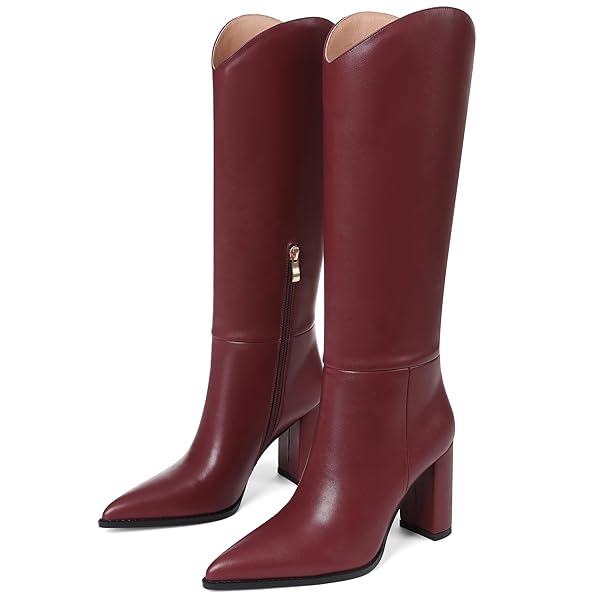 SARAIRIS WOMEN’S RED KNEE HIGH BOOTS WIDE CALF CHUNKY HIGH HEEL POINTED TOE ZIPPER COMFORTABLE CASUAL BOOTS