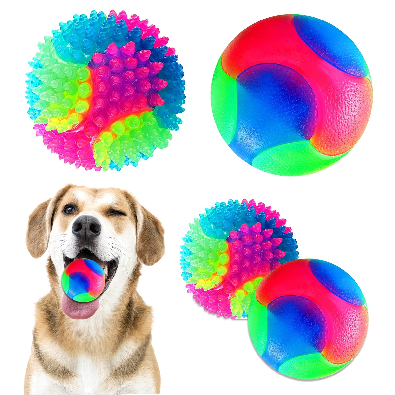4 Pieces Light Up Dog LED Flashing Spike Pet Balls - Squeaky Chew Interactive Toys, Glowing Elastic Toss Fetch for Puppy Dogs Cats - Teeth Cleaning Chew Toy for Hunting Exercise