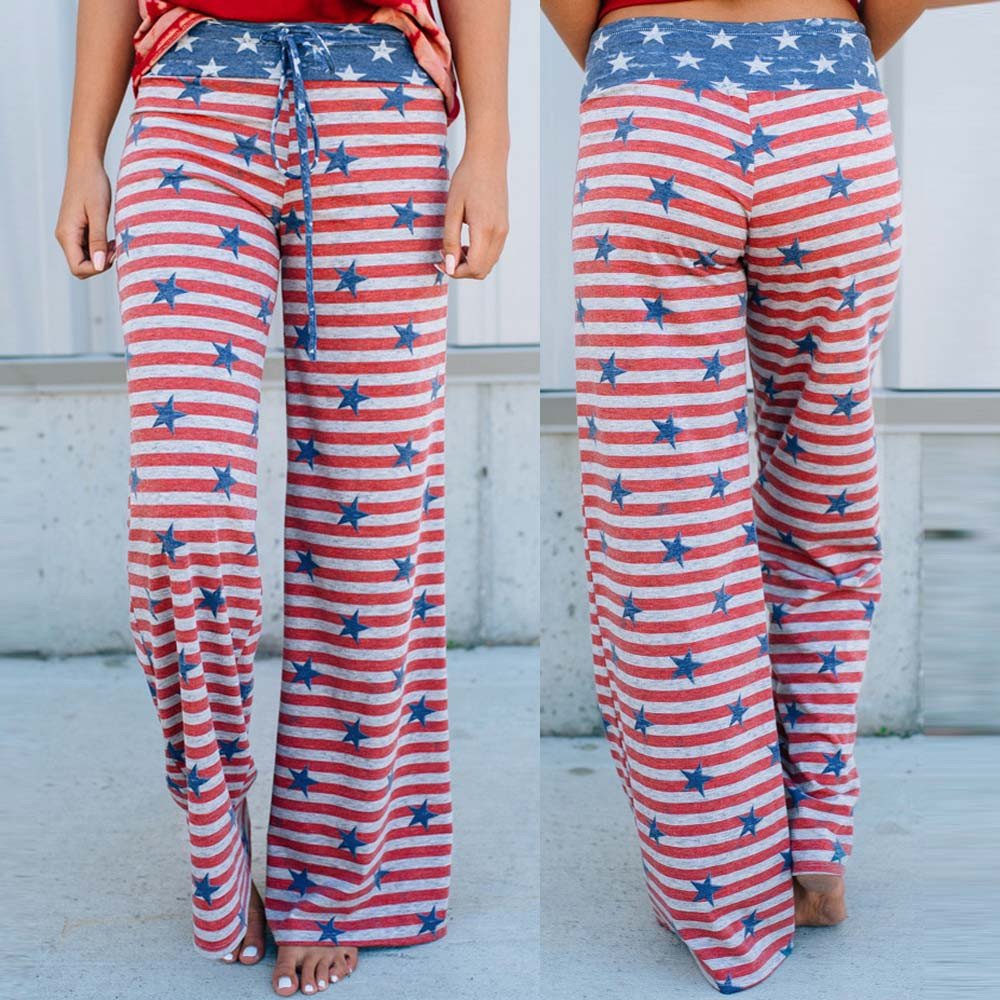 Masun Womens Drawstring Trousers American Flag Wide Leg Pants Leggings Bottoms Pants Soft Lounge Pants S-XL (S, Red)