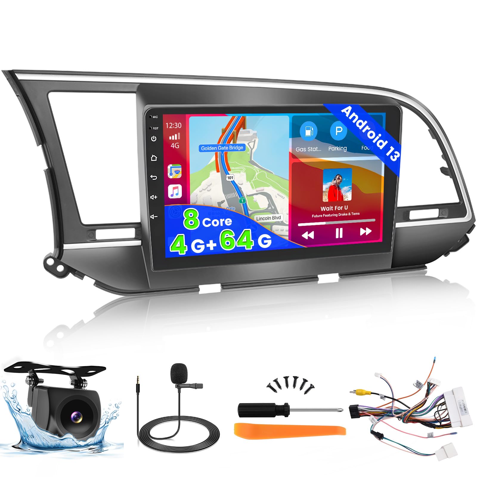 Photo 1 of 4G+64G Android 13 Car Stereo for 2016-2018 Hyundai Elantra Radio, 9 Inch IPS Touch Screen Radio with Wireless Apple Carplay Android Auto, Bluetooth GPS WiFi 32EQ DSP FM RDS SWC+Mic, AHD Backup Cam