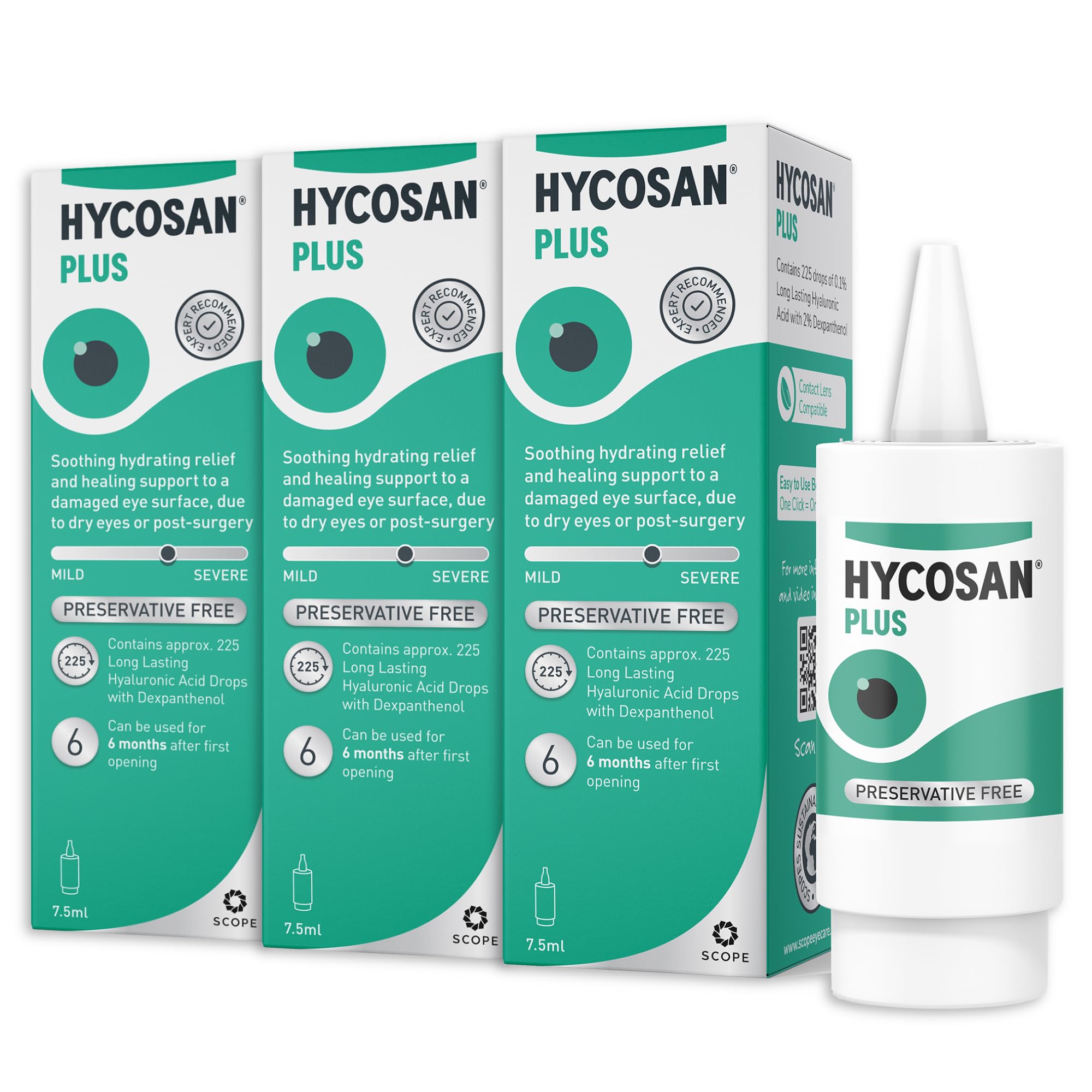 Hycosan Plus - Triple Pack - Preservative Free Eyedrops - Contains Sodium Hyaluronate Dexpanthenol to Aid in the Natural Healing of a Damaged Eye Surface Due to Surgery, Injury or Dry Eyes - 3x7.5ml