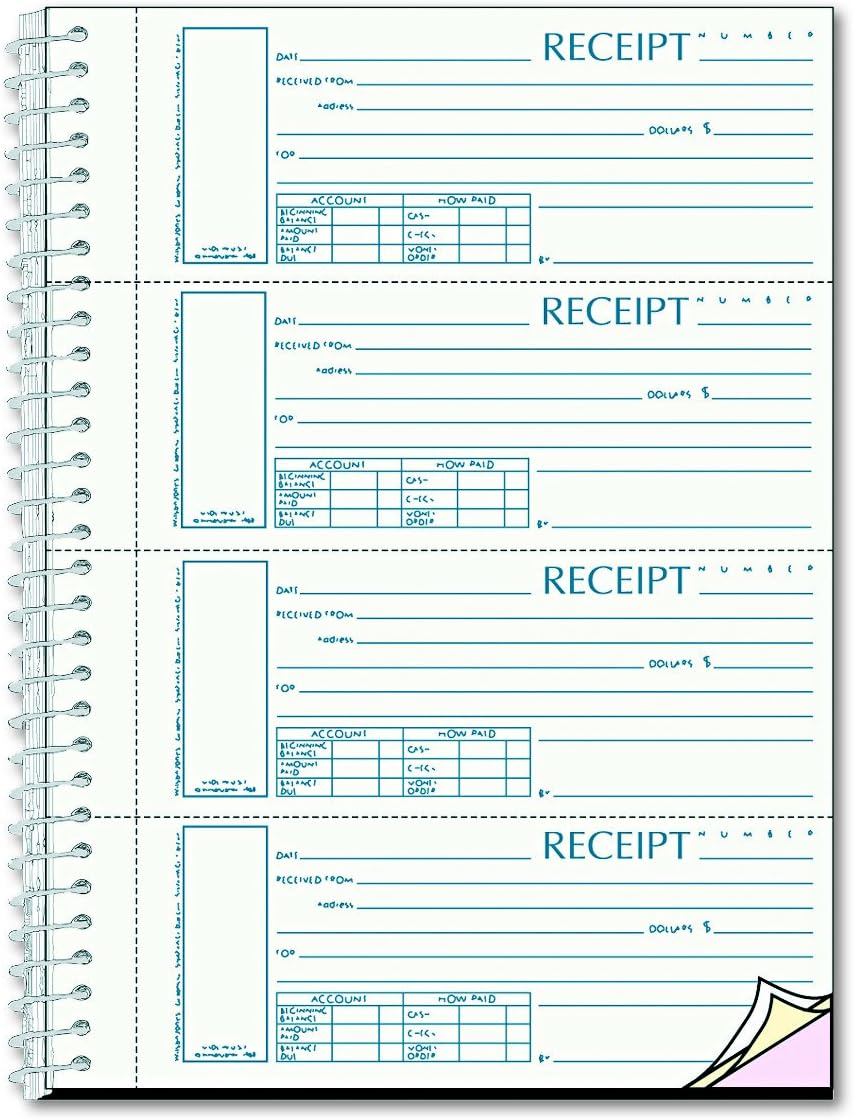 Spiralbound Unnumbered Money Receipt Book, 2 3/4 x 7, Three-Part, 120 Sets/Book, Pink, White, 7 In X 2 3/4 In