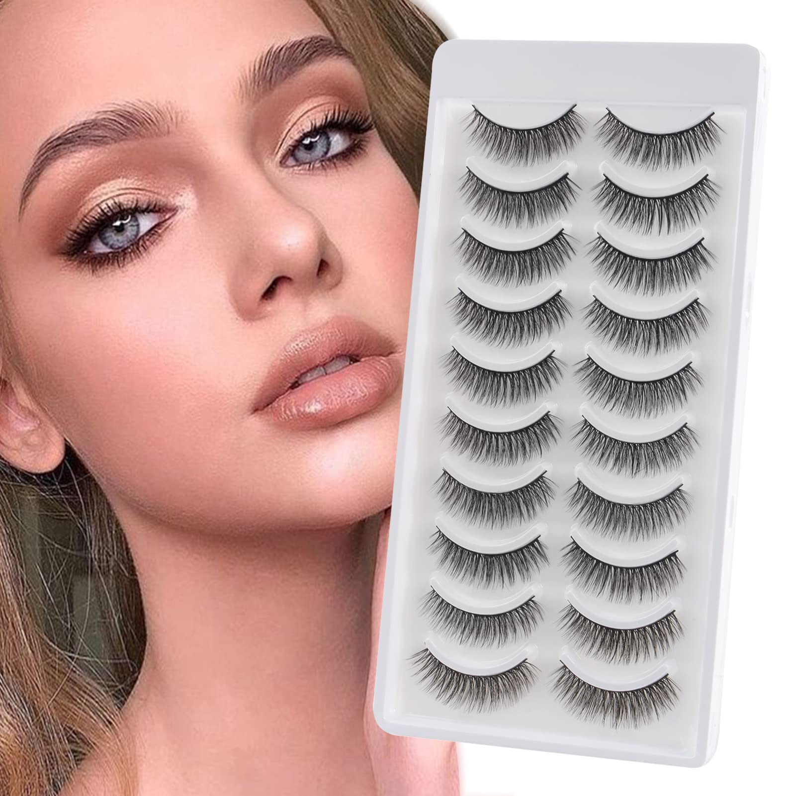 Glowing Win False Eyelashes Natural Faux Mink Lashes Fluffy Dramatic Lashes Cat Eyes Wispy 10pairs Pack Light Volume 6D Short Fake Eyelashes Strip Lashes, Clear — image 1