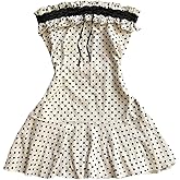 WDIRARA Women's Polka Dots Strapless Ruffle Mini Dress Lace Sleeveless Tube Dresses