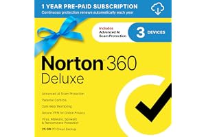 Norton 360 Deluxe, Antivirus software for 3 Devices with Auto-Renewal – Includes Advanced AI Scam Protection, VPN, Dark Web Monitoring & PC Cloud Backup [Download]