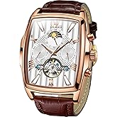 OLEVS Automatic Dress Mens Watches Square Brown Leather Strap Moon Phase Skeleton Tourbillion Day Date Waterproof Luminous Men's Wrist Watches