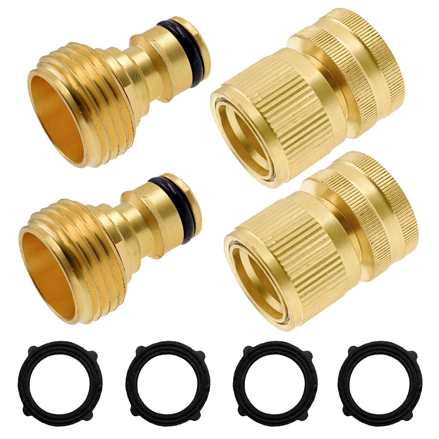 Xiny Tool Garden Hose Quick Connector, Solid Brass Quick Connector and Disconnector 3/4 Inch GHT Male and Female Water Hose Fittings (2 Set)