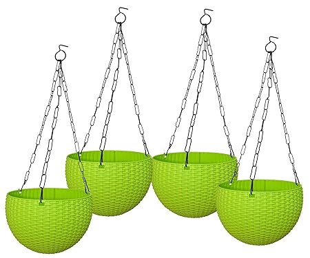 Meded Garden Essential Hanging Planter with Elegant Wicker-Design, with Chain 8 Inch (Lime Green)