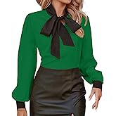 Avanova Women Tie Neck Bishop Long Sleeve Shirts Casual Work Blouses Tops