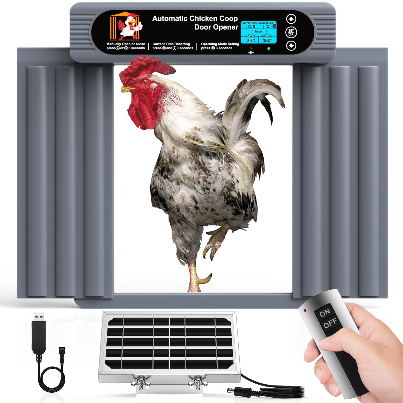 Photo 1 of GROPOW Automatic Chicken Coop Door, Anti-Pinch Protection, Extra Large Size, Programmable Timer & Light Sensor Modes, LCD Display, Solar Powered Auto Chicken Door Opener with Remote Control