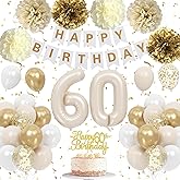 Froova 60th Birthday Decorations for Women Men, Beige Gold White Birthday Balloons Happy 60th Banner Cake Topper Neutral Number 60 Foil Balloon Pom Poms for 60 Years Old Bday Party Decoration Supplies