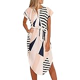 ECOWISH Womens Dresses Summer Casual V-Neck Floral Print Geometric Pattern Belted Dress
