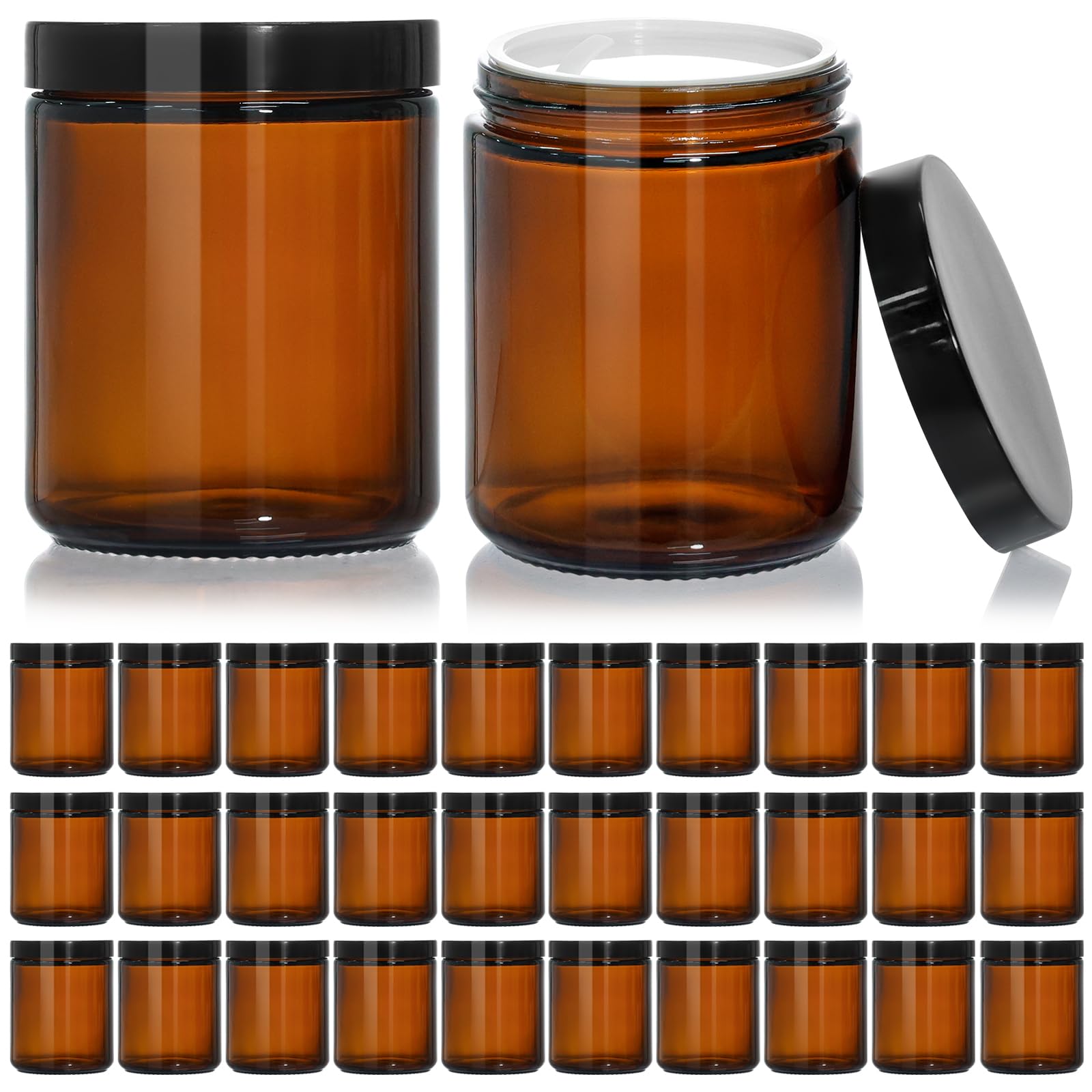 Photo 1 of KEYWING 30Pack Amber Glass Jars with Black Lids, 8 oz Empty Cosmetic Jars with Inner Liners, Round Lotion Containers for Cream, Powders and Ointments