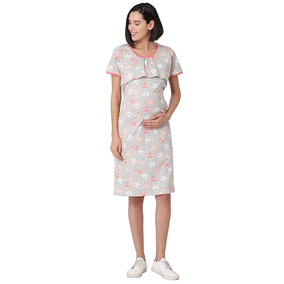 Minelli Womens Round Neck Feeding/Maternity/Nursing Night Gown