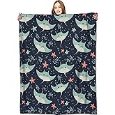 VODRM Smiling Stingray Blanket Starfish Dark Throw Blankets,Gifts for Kids Woman Girls,Lightweight Soft Fleece,Cute Playful Design,Ocean Lovers,for Sofa Couch Bed Room Modern Decor 50x60in