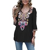 Grosy 3/4 Sleeve Embroidered Bohemian Tops for Women Boho Hippie Clothes Mexican Peasant Blouses Western Shirts Tunic