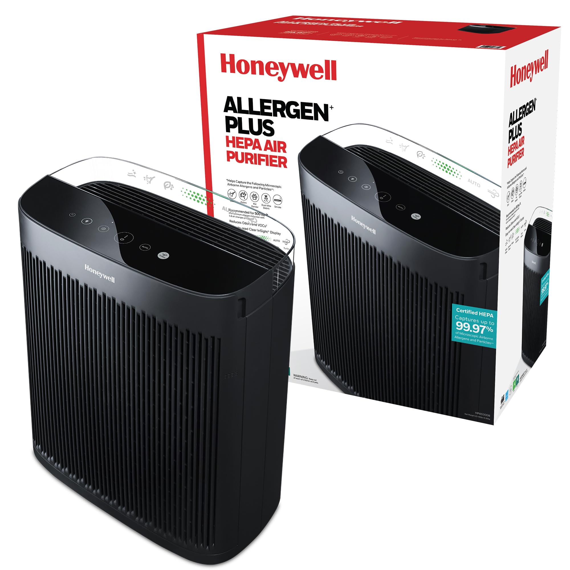 Honeywell Allergen Plus HEPA Air Purifier for Home Large Rooms up to 2400 Ft², Air Quality Monitor, Auto Mode, Reduces Allergens, Pollen, Pet Dander, Odors, Smoke, Black, HPA5300B