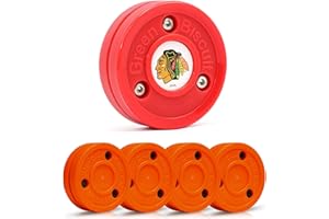 Green Biscuit Hockey Puck- 4 Pack Orange 2.0 Snipe Shooters Off Ice Hockey Pucks with 1 NHL Puck and GB Stickers- Offcial Street Hockey Pucks for Classic Training