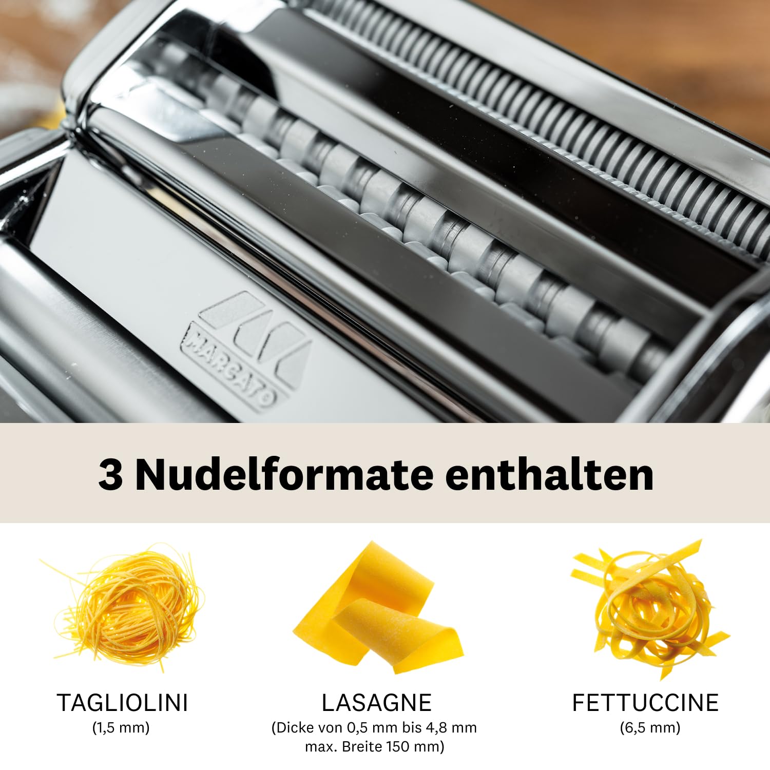 Marcato Elektrische Nudelmaschine Atlas 150 + Motor, Atlasmotor, Für Pasta, Lasagne, Fettuccine, Tagliolini, aus Edelstahl 3