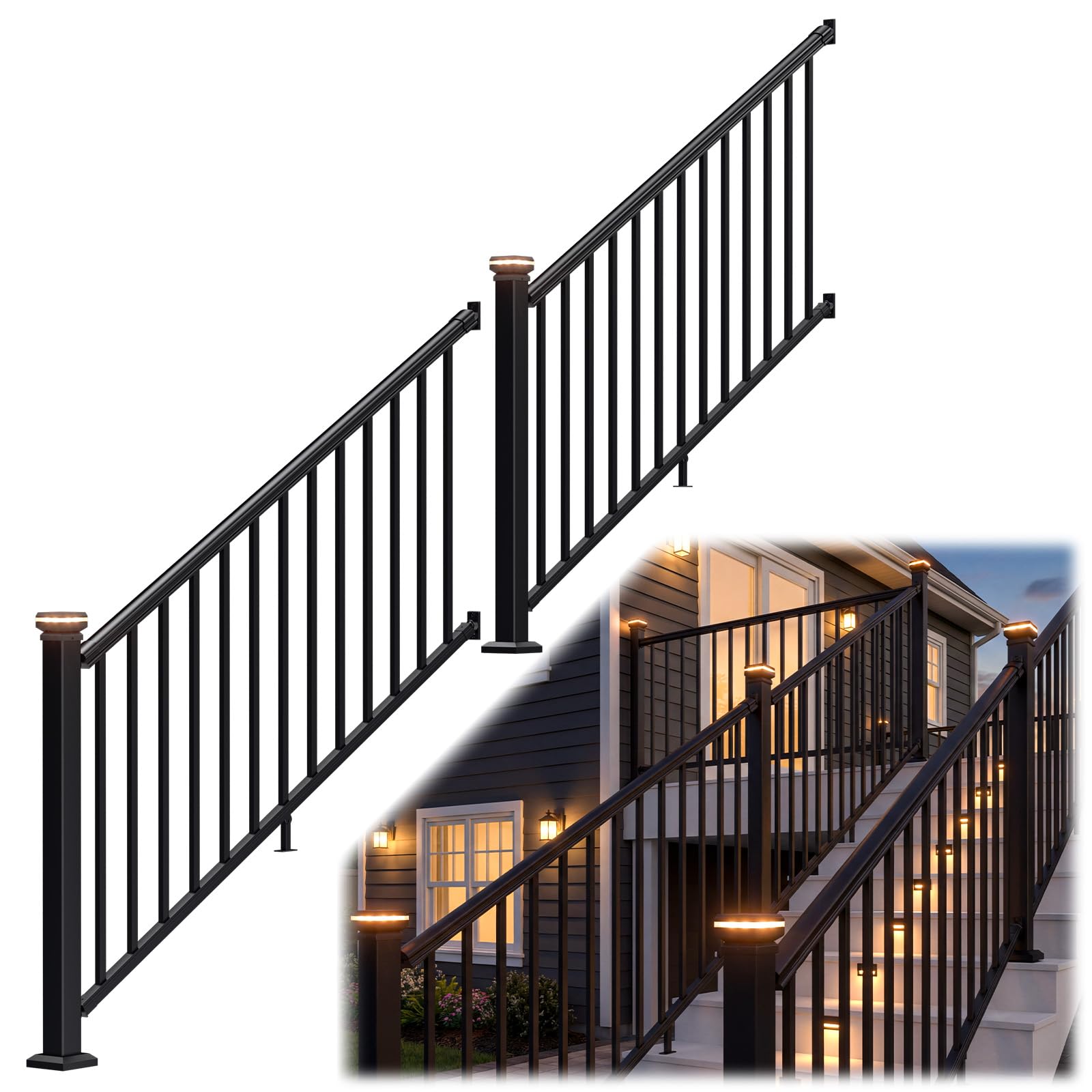Photo 1 of Egadis 2 Pack 36 in. H x 6 ft. W Porch and Deck Railing Kit with Light, Black Textured AAMA 2604 Powder-Coat Finish Aluminum Stair Railing Outdoor for Concrete Steps or Wooden Stairs (2 Post, 2 Panel)