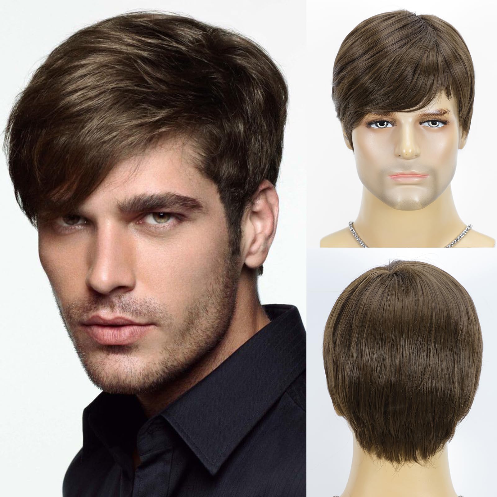 Photo 1 of YYHR Mens Brown Wig Short Layered Natural Fluffy Synthetic Hair Wig Heat Resistant Halloween Cosplay Party Music Festival Wigs for Handsome Male Man