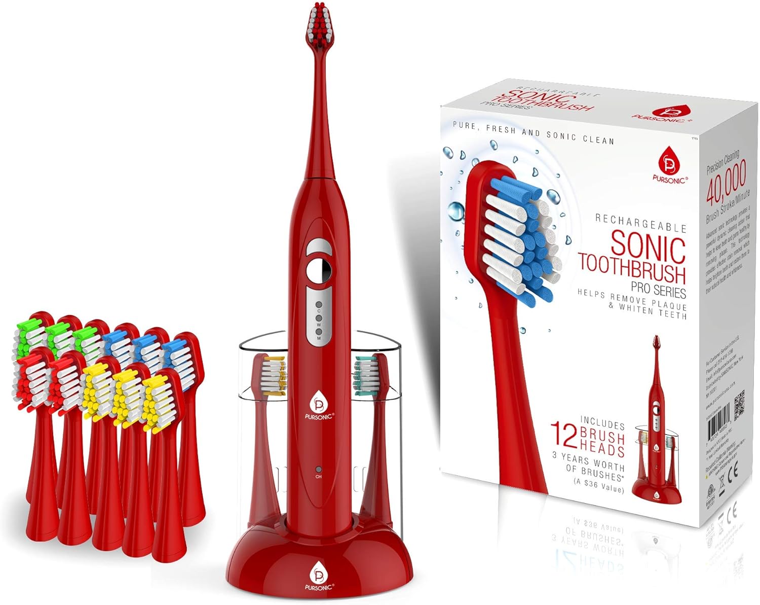 Pursonic S420 High Power Rechargeable Sonic Toothbrush with 12 Brush