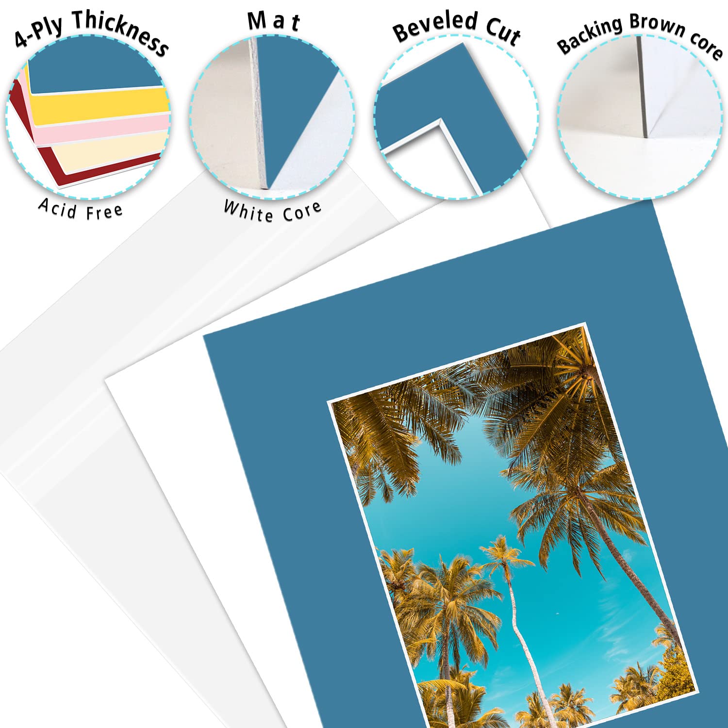 Golden State Art, Pack of 10 Mixed Colors Pre-Cut 8x10 Picture Mat for 5x7 Photo with White Core Bevel Cut Mattes Sets. Includes 10 High Premier Acid Free Mats & 10 Backing Board & 10 Clear Bags