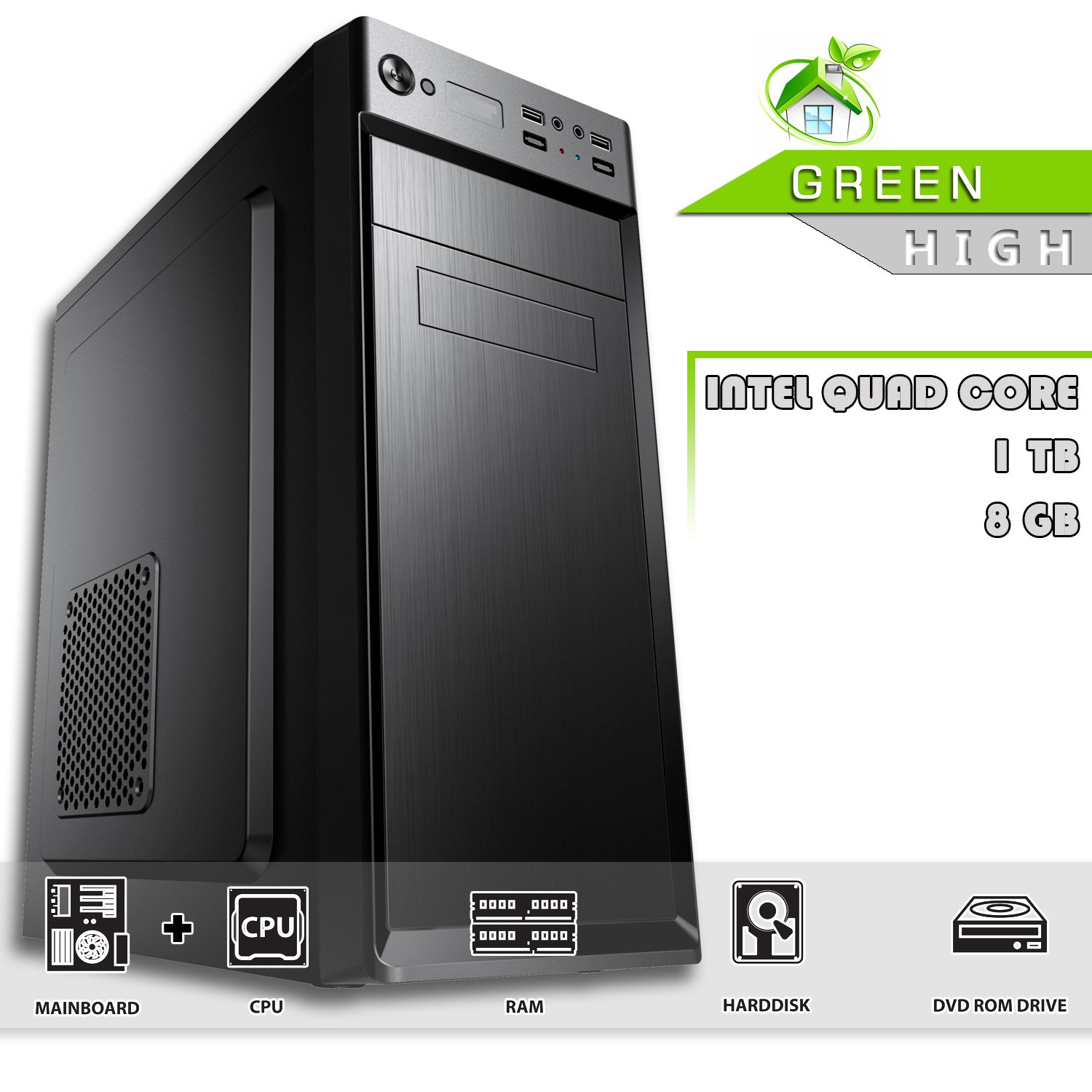 DILC GREEN HIGH ELEGANCE PC DESKTOP ASSEMBLATO PLETO PUTER FISSO Intel QUAD CORE 2 42 GHZ RAM 8 GB Hard Disk 1 TB MASTERIZZATORE USB 3 0