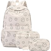 Tanweibago Backpack for Girls Boy Teen Corduroy Bookbags Elementary Middle High School Women Laptop Bag with Lunch Box Pencil Bag (Smile Beige)