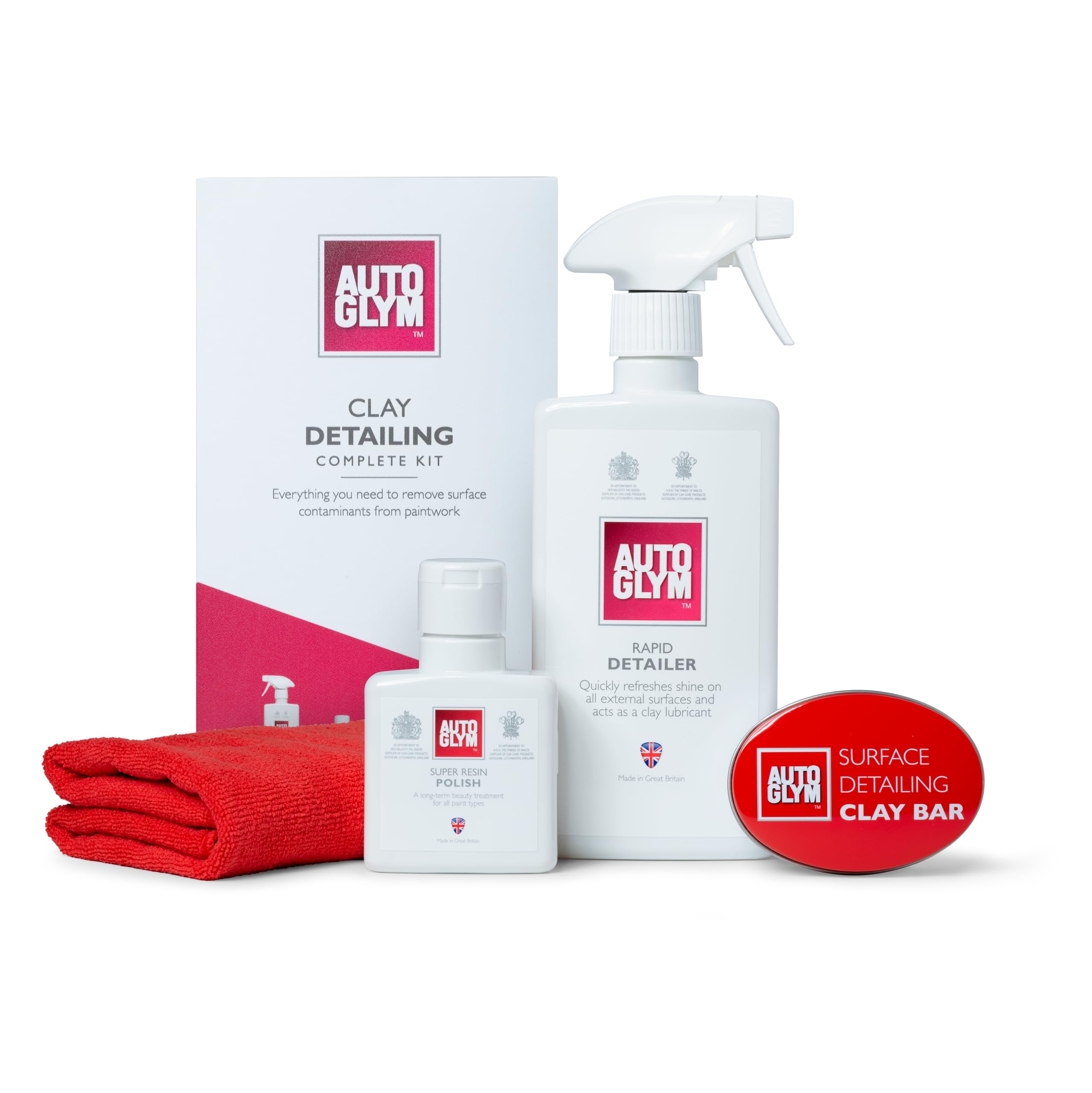 Autoglym Clay Detailing Complete Kit - Premium Car Care Kit Includes (500mL) Rapid Detailer, (100mL) Super Resin Polish, (1) Premium Clay Bar, (1) Hi-Tech Finishing Cloth