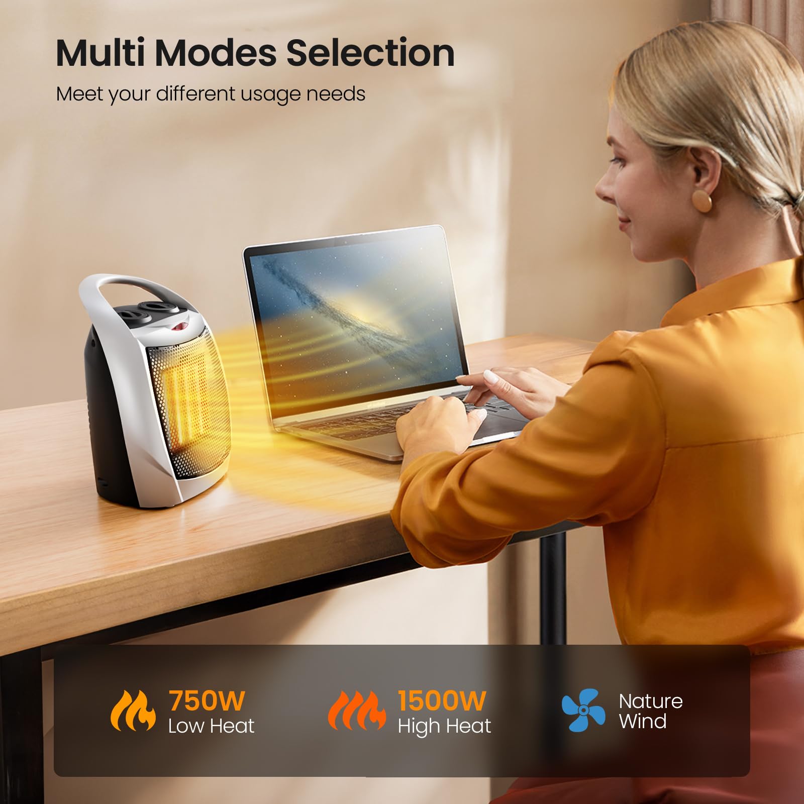 Kismile Small Electric Space Heater,Portable Ceramic Space Heater Fan for Office with Adjustable Thermostat and Overheat Protection ETL Listed for Kitchen, 750W/1500W(Silver)