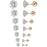 Tornito 7 Pairs 20G Stainless Steel Stud Earrings Round Cubic Zirconia Barbell Earring Set For Men Women 2MM-8MM Rose Gold Tone