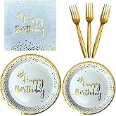 96 Pieces White and Gold Disposable Birthday Plates and Napkins Party Supplies,Plastic Forks Serve 24 Guests for Birthday Party Decorations